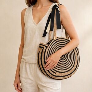 Round Woven Jute Spiral‎ Circle Tote Bag Black Ribbon Bow Boho Summer Straw